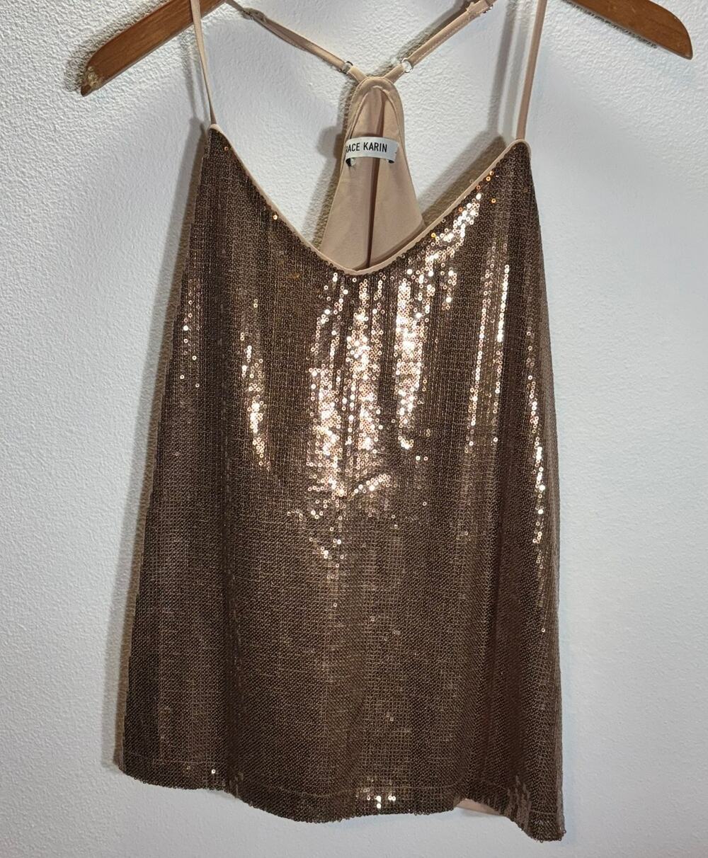 Grace Karin Gold Sequin Cami Top Women’s L Sparkly Party Tank Sleeveless